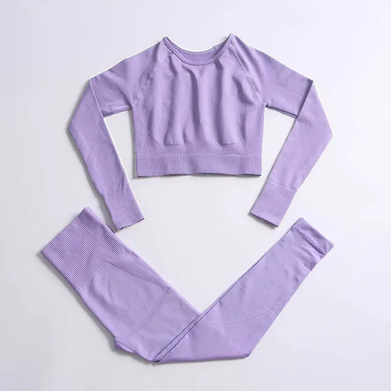 2Pcs Seamless Hyperflex Workout Sport Outfits for Women Sportswear Athletic Clothes Gym Long Sleeve Crop Top High Waist Leggings