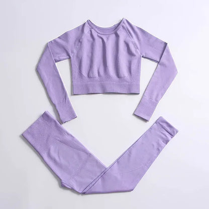 2Pcs Seamless Hyperflex Workout Sport Outfits for Women Sportswear Athletic Clothes Gym Long Sleeve Crop Top High Waist Leggings
